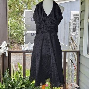 Evan-Picone Black Halter Dress Size 6 Swiss Dot Empire Waist Midi Cocktail Party